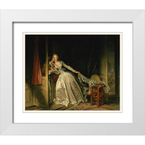 The Stolen Kiss White Modern Wood Framed Art Print with Double Matting by Fragonard, Jean-Honore