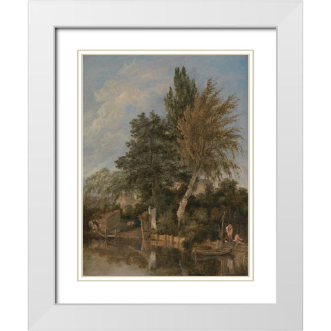 Boys Bathing on theÂ River Wensum, Norwich White Modern Wood Framed Art Print with Double Matting by Crome, John