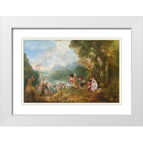 The Embarkation for Cythera White Modern Wood Framed Art Print with Double Matting by Watteau, Jean-Antoine