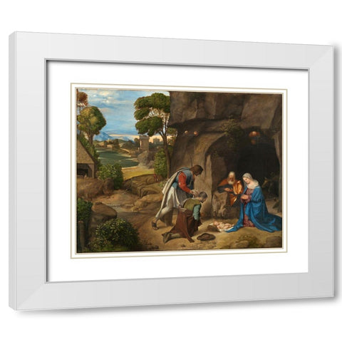 Adoration of the Shepherds White Modern Wood Framed Art Print with Double Matting by Giorgione