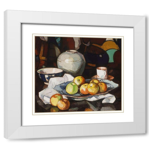 Still life apples and jar White Modern Wood Framed Art Print with Double Matting by Peploe, Samuel