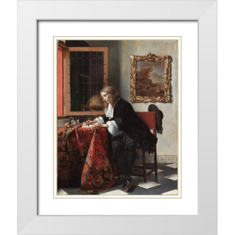 Man Writing a Letter White Modern Wood Framed Art Print with Double Matting by Metsu, Gabriel