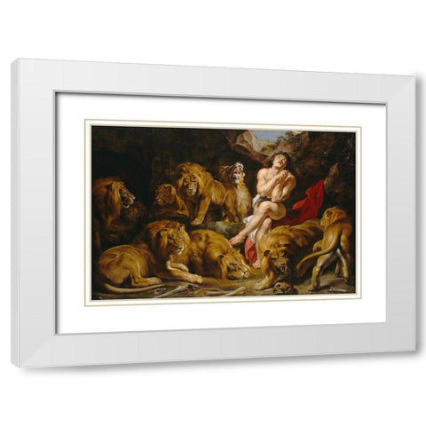 Daniel in the Lions Den White Modern Wood Framed Art Print with Double Matting by Rubens, Peter Paul