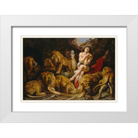Daniel in the Lions Den White Modern Wood Framed Art Print with Double Matting by Rubens, Peter Paul
