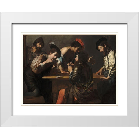 Soldiers Playing Cards and Dice, The Cheats White Modern Wood Framed Art Print with Double Matting by de Boulogne, Valentin