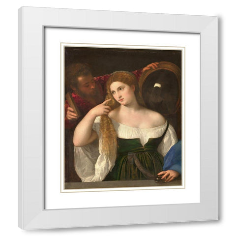 Woman with a Mirror White Modern Wood Framed Art Print with Double Matting by Titian