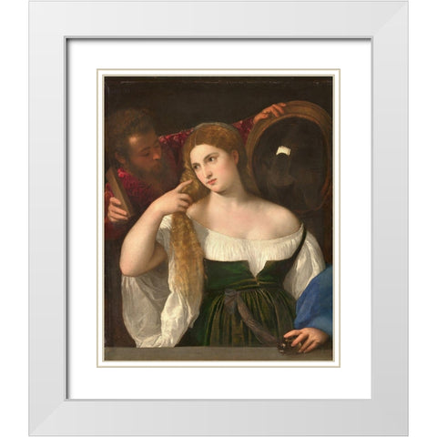 Woman with a Mirror White Modern Wood Framed Art Print with Double Matting by Titian