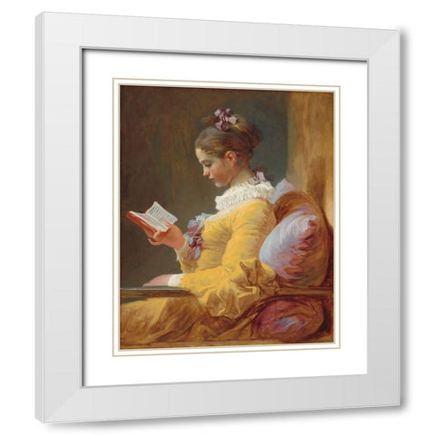 A Young Girl Reading White Modern Wood Framed Art Print with Double Matting by Fragonard, Jean-Honore