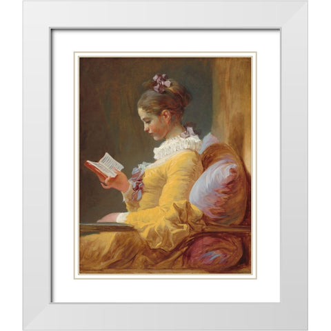 A Young Girl Reading White Modern Wood Framed Art Print with Double Matting by Fragonard, Jean-Honore