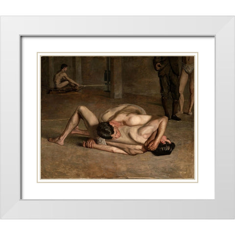 Wrestlers White Modern Wood Framed Art Print with Double Matting by Eakins, Thomas