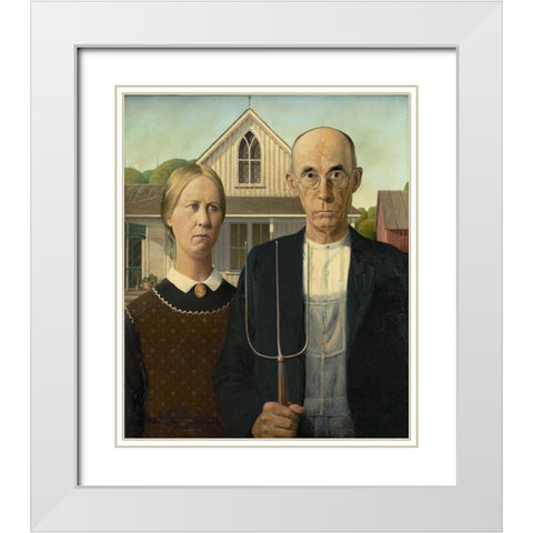 American Gothic White Modern Wood Framed Art Print with Double Matting by Wood, Grant
