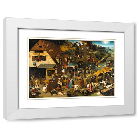 Netherlandish Proverbs White Modern Wood Framed Art Print with Double Matting by Bruegel the Elder, Pieter