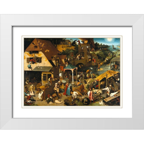 Netherlandish Proverbs White Modern Wood Framed Art Print with Double Matting by Bruegel the Elder, Pieter
