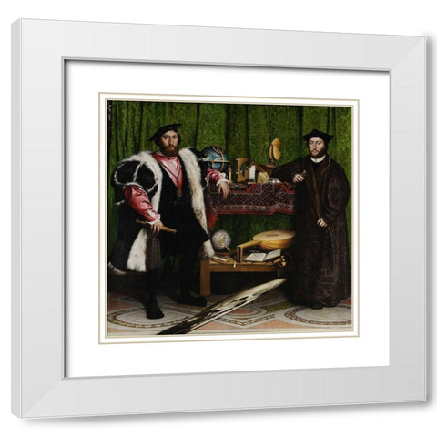 The Ambassadors White Modern Wood Framed Art Print with Double Matting by Holbein the Younger, Hans