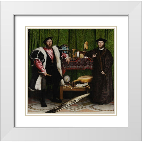 The Ambassadors White Modern Wood Framed Art Print with Double Matting by Holbein the Younger, Hans