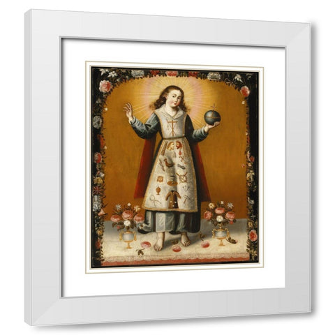Christ Child with Passion Symbols White Modern Wood Framed Art Print with Double Matting by Unknown