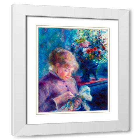 Young Woman Sewing 1879 White Modern Wood Framed Art Print with Double Matting by Renoir, Pierre-Auguste
