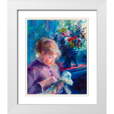 Young Woman Sewing 1879 White Modern Wood Framed Art Print with Double Matting by Renoir, Pierre-Auguste