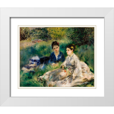 On the Grass 1873 White Modern Wood Framed Art Print with Double Matting by Renoir, Pierre-Auguste