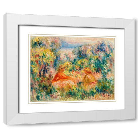 Two Women in a Landscape 1918 White Modern Wood Framed Art Print with Double Matting by Renoir, Pierre-Auguste