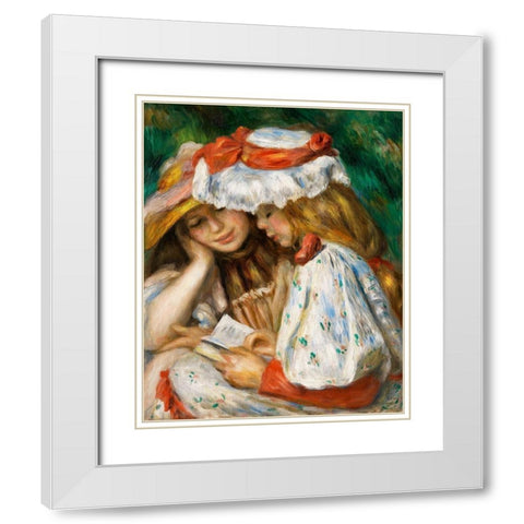 Two Girls Reading 1891 White Modern Wood Framed Art Print with Double Matting by Renoir, Pierre-Auguste