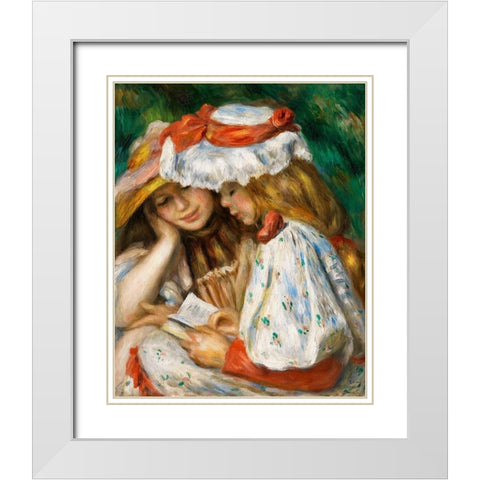 Two Girls Reading 1891 White Modern Wood Framed Art Print with Double Matting by Renoir, Pierre-Auguste