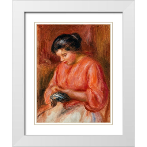 Girl Darning 1909 White Modern Wood Framed Art Print with Double Matting by Renoir, Pierre-Auguste