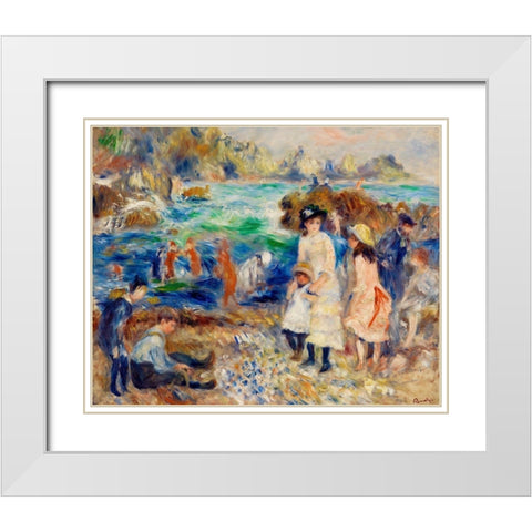 Children on the Seashore, Guernsey 1883 White Modern Wood Framed Art Print with Double Matting by Renoir, Pierre-Auguste