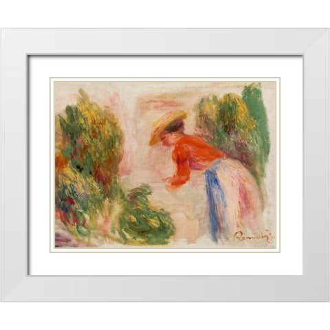Woman Gathering Flowers 1910 White Modern Wood Framed Art Print with Double Matting by Renoir, Pierre-Auguste
