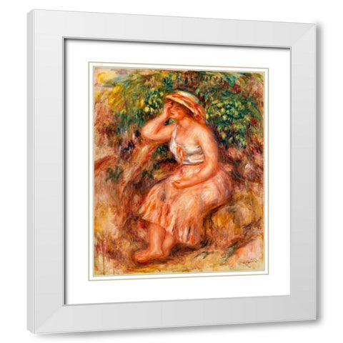 Woman Daydreaming 1913 White Modern Wood Framed Art Print with Double Matting by Renoir, Pierre-Auguste