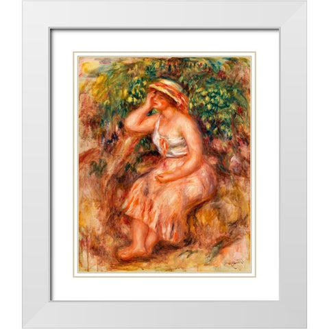 Woman Daydreaming 1913 White Modern Wood Framed Art Print with Double Matting by Renoir, Pierre-Auguste