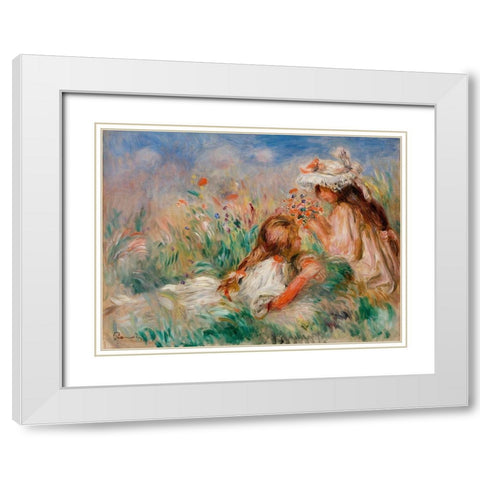 Girls in the Grass Arranging a Bouquet 1890 White Modern Wood Framed Art Print with Double Matting by Renoir, Pierre-Auguste