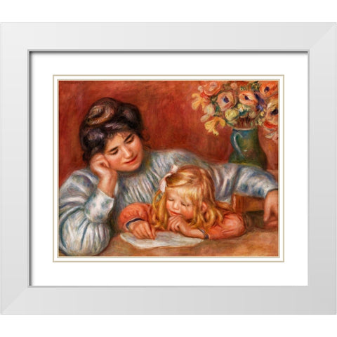 Writing Lesson 1905 White Modern Wood Framed Art Print with Double Matting by Renoir, Pierre-Auguste