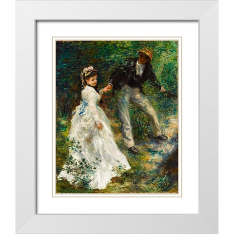 La Promenade 1870 White Modern Wood Framed Art Print with Double Matting by Renoir, Pierre-Auguste