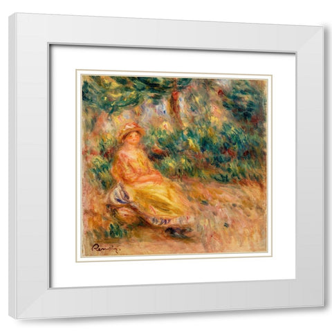 Woman in Pink and Yellow in a Landscape White Modern Wood Framed Art Print with Double Matting by Renoir, Pierre-Auguste