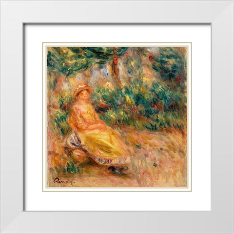 Woman in Pink and Yellow in a Landscape White Modern Wood Framed Art Print with Double Matting by Renoir, Pierre-Auguste