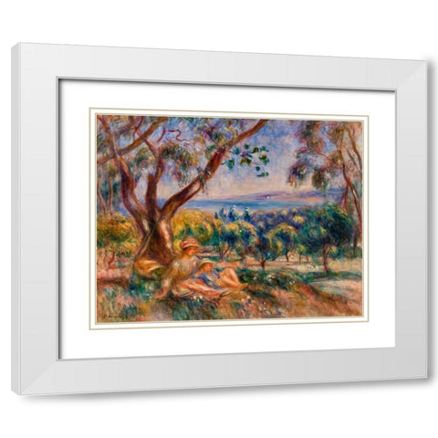 Landscape with Figures, near Cagnes 1910  White Modern Wood Framed Art Print with Double Matting by Renoir, Pierre-Auguste