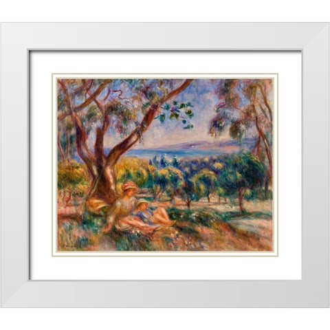 Landscape with Figures, near Cagnes 1910  White Modern Wood Framed Art Print with Double Matting by Renoir, Pierre-Auguste