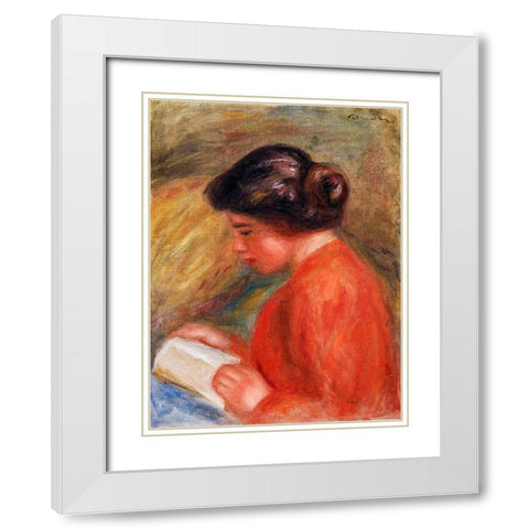 Young Woman Reading 1909 White Modern Wood Framed Art Print with Double Matting by Renoir, Pierre-Auguste