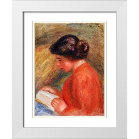 Young Woman Reading 1909 White Modern Wood Framed Art Print with Double Matting by Renoir, Pierre-Auguste
