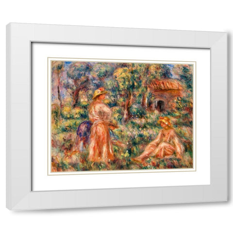 Girls in a Landscape 1918 White Modern Wood Framed Art Print with Double Matting by Renoir, Pierre-Auguste