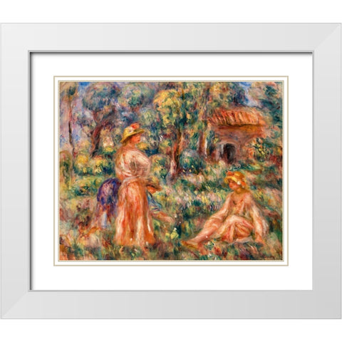 Girls in a Landscape 1918 White Modern Wood Framed Art Print with Double Matting by Renoir, Pierre-Auguste