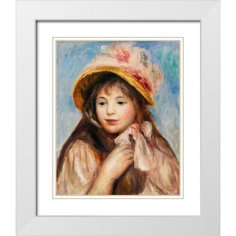 Girl with Pink Bonnet 1894 White Modern Wood Framed Art Print with Double Matting by Renoir, Pierre-Auguste