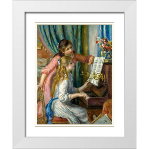 Two Young Girls at the Piano White Modern Wood Framed Art Print with Double Matting by Renoir, Pierre-Auguste