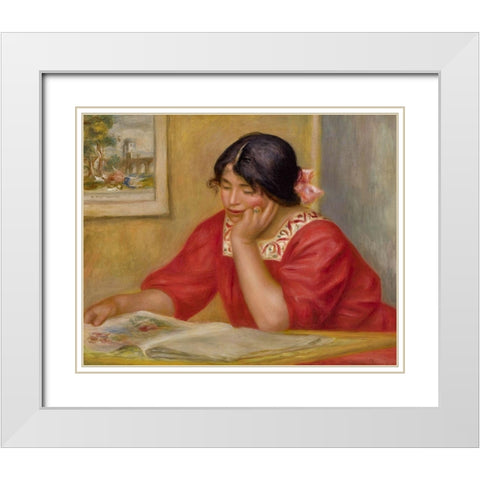 LÃ©ontine lisant White Modern Wood Framed Art Print with Double Matting by Renoir, Pierre-Auguste