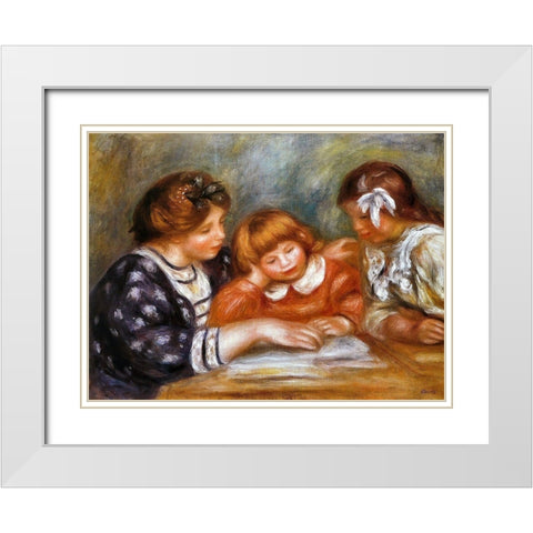 The Lesson White Modern Wood Framed Art Print with Double Matting by Renoir, Pierre-Auguste