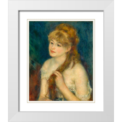 Young Woman Braiding Her Hair White Modern Wood Framed Art Print with Double Matting by Renoir, Pierre-Auguste