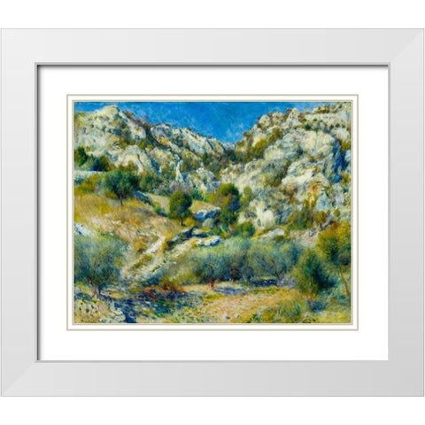 Rocky Crags at LEstaque White Modern Wood Framed Art Print with Double Matting by Renoir, Pierre-Auguste