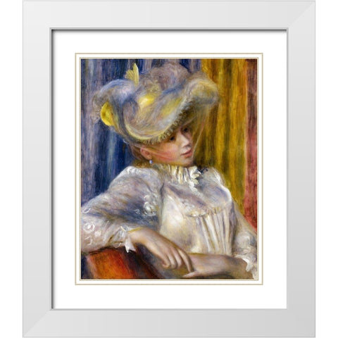 Woman with a Hat White Modern Wood Framed Art Print with Double Matting by Renoir, Pierre-Auguste