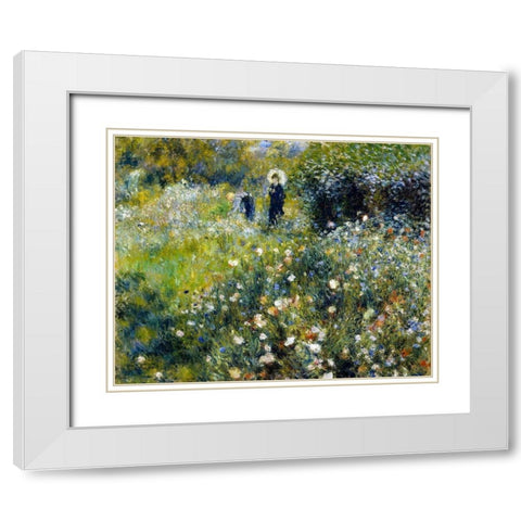 Woman with a Parasol in a Garden White Modern Wood Framed Art Print with Double Matting by Renoir, Pierre-Auguste